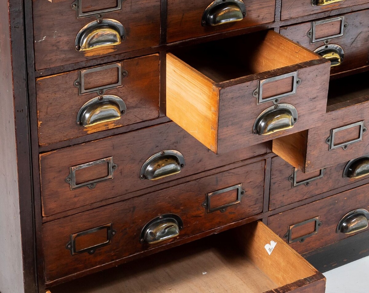 Original Bank Of Drawers Shop Haberdashery 18 Drawer Storage Cupboard with Shelves - Image 5