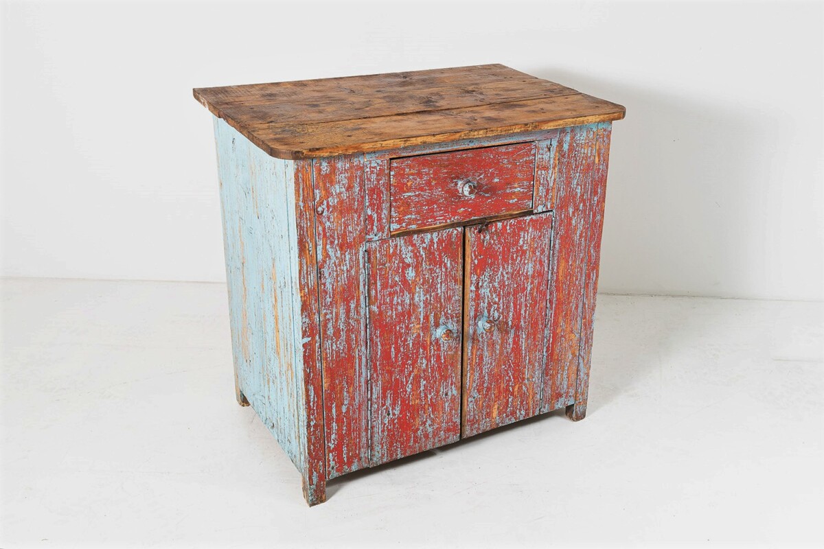 Naive Rustic Solid Pine Cupboard with Distressed Red Blue Paint | Washstand | Kitchen Unit