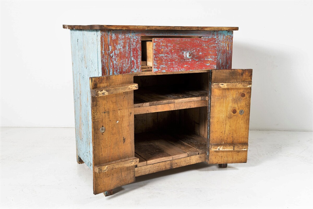 Naive Rustic Solid Pine Cupboard with Distressed Red Blue Paint | Washstand | Kitchen Unit - Image 3