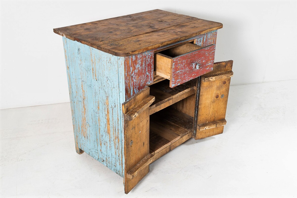 Naive Rustic Solid Pine Cupboard with Distressed Red Blue Paint | Washstand | Kitchen Unit - Image 2