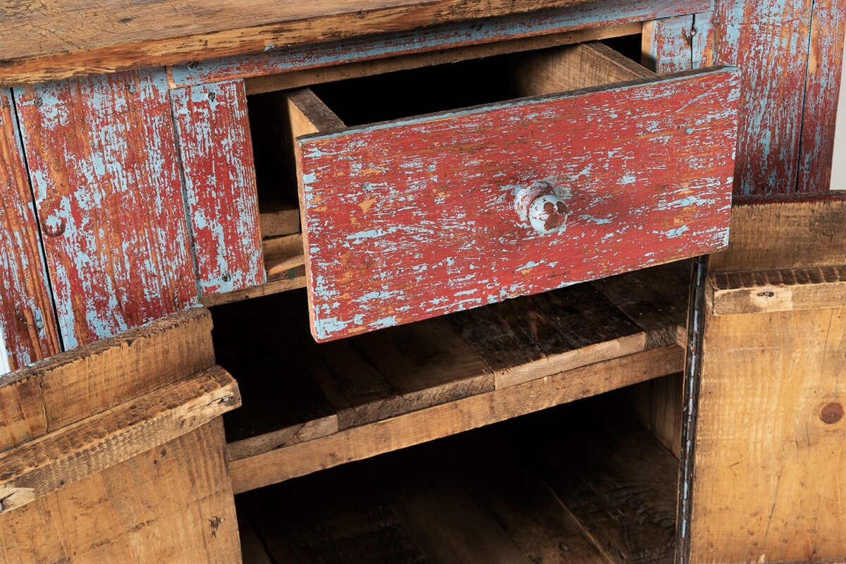 Naive Rustic Solid Pine Cupboard with Distressed Red Blue Paint | Washstand | Kitchen Unit - Image 15