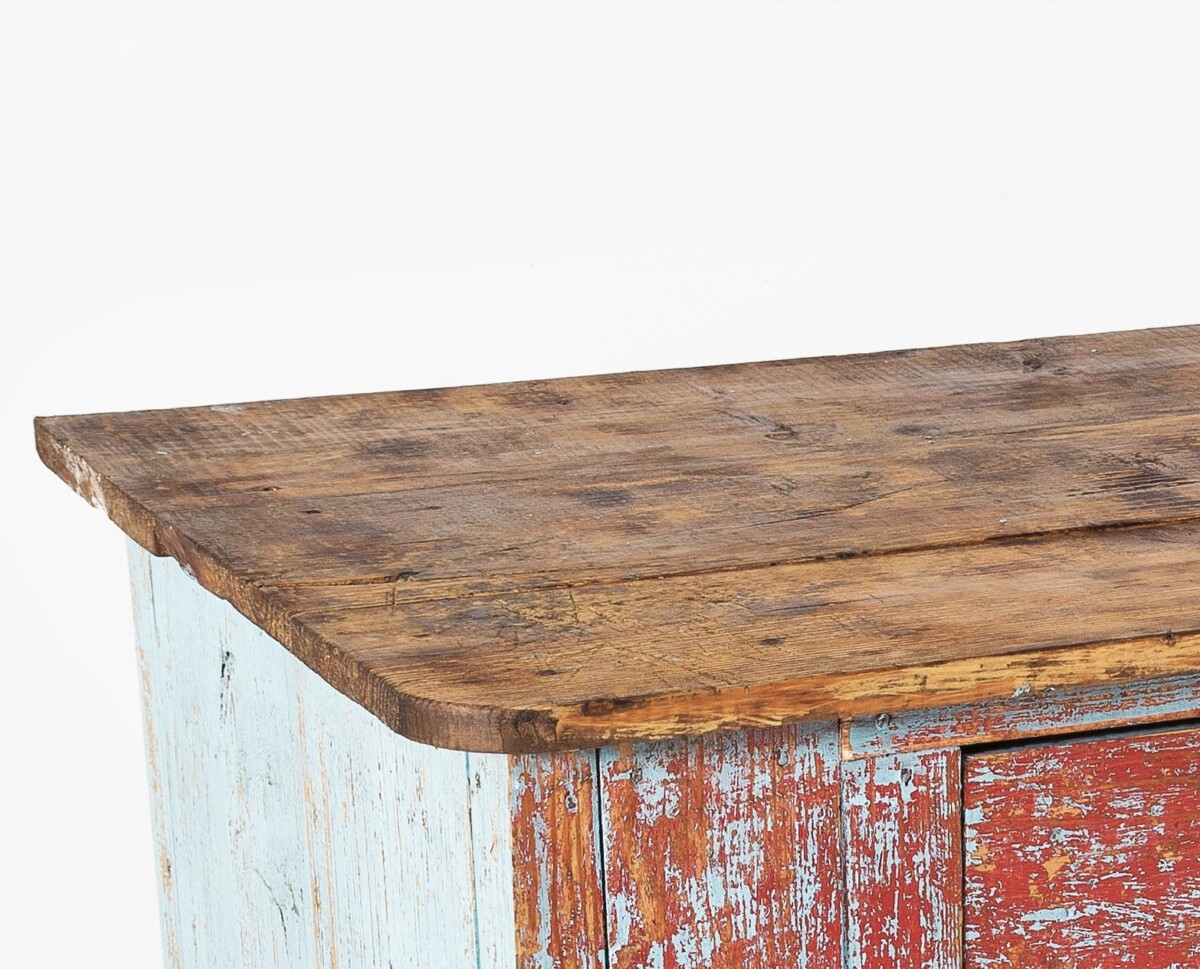 Naive Rustic Solid Pine Cupboard with Distressed Red Blue Paint | Washstand | Kitchen Unit - Image 12