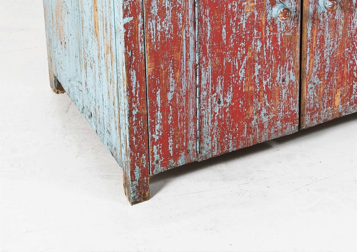 Naive Rustic Solid Pine Cupboard with Distressed Red Blue Paint | Washstand | Kitchen Unit - Image 11