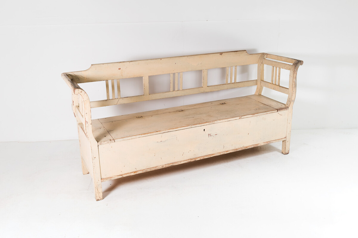 Original Painted Pine European Box Settle Farmhouse Bench with Seat Storage | 3 Person - Image 3