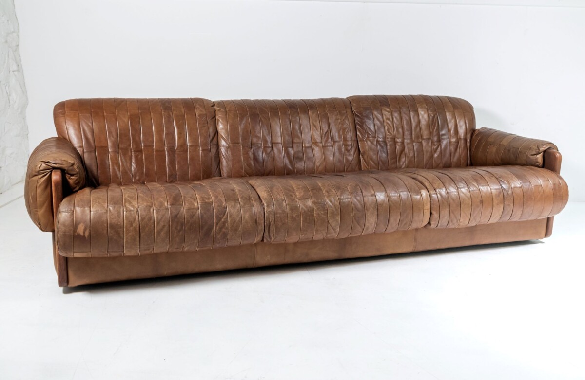 Superb Quality 1970s Mid Century Scandinavian Patchwork Brown Leather Sofa | Long 3 Seater - Image 3