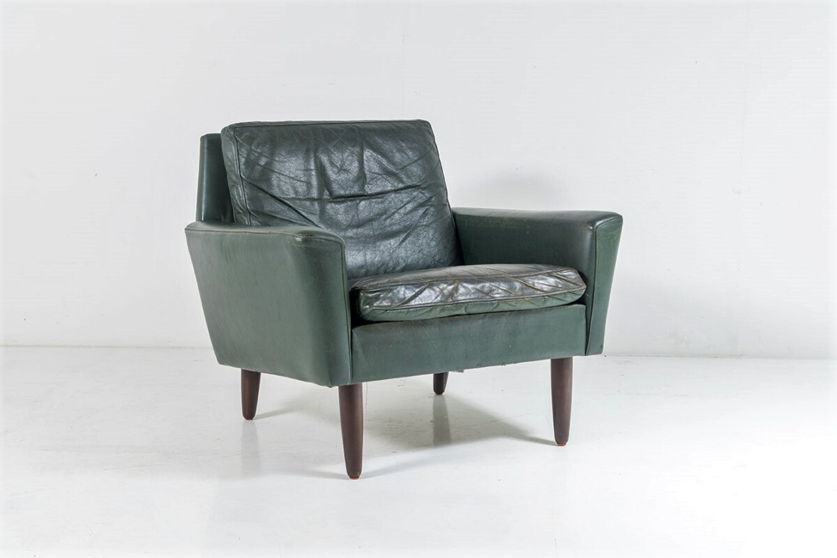 1960s Mid Century Danish Dark Green Leather Armchair | Lovely Worn Patina Chair