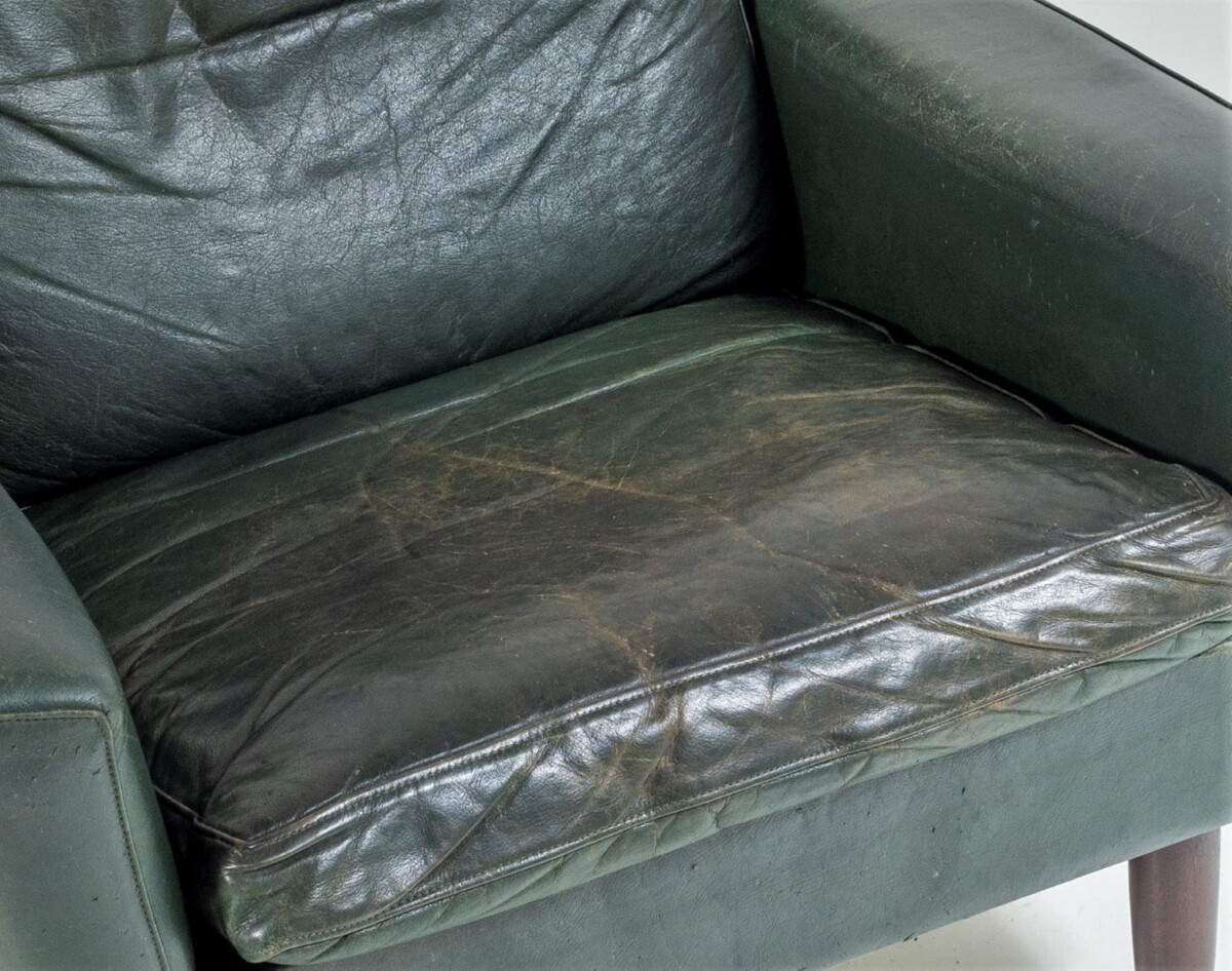 1960s Mid Century Danish Dark Green Leather Armchair | Lovely Worn Patina Chair - Image 9