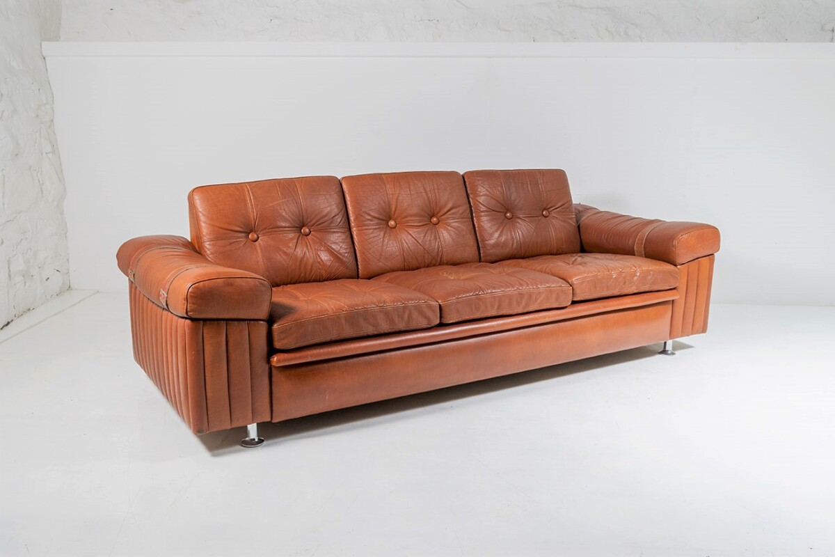 1970s Danish Tan Cognac Leather three Seater Sofa | Mid Century Svend Skipper | 3 person - Image 11