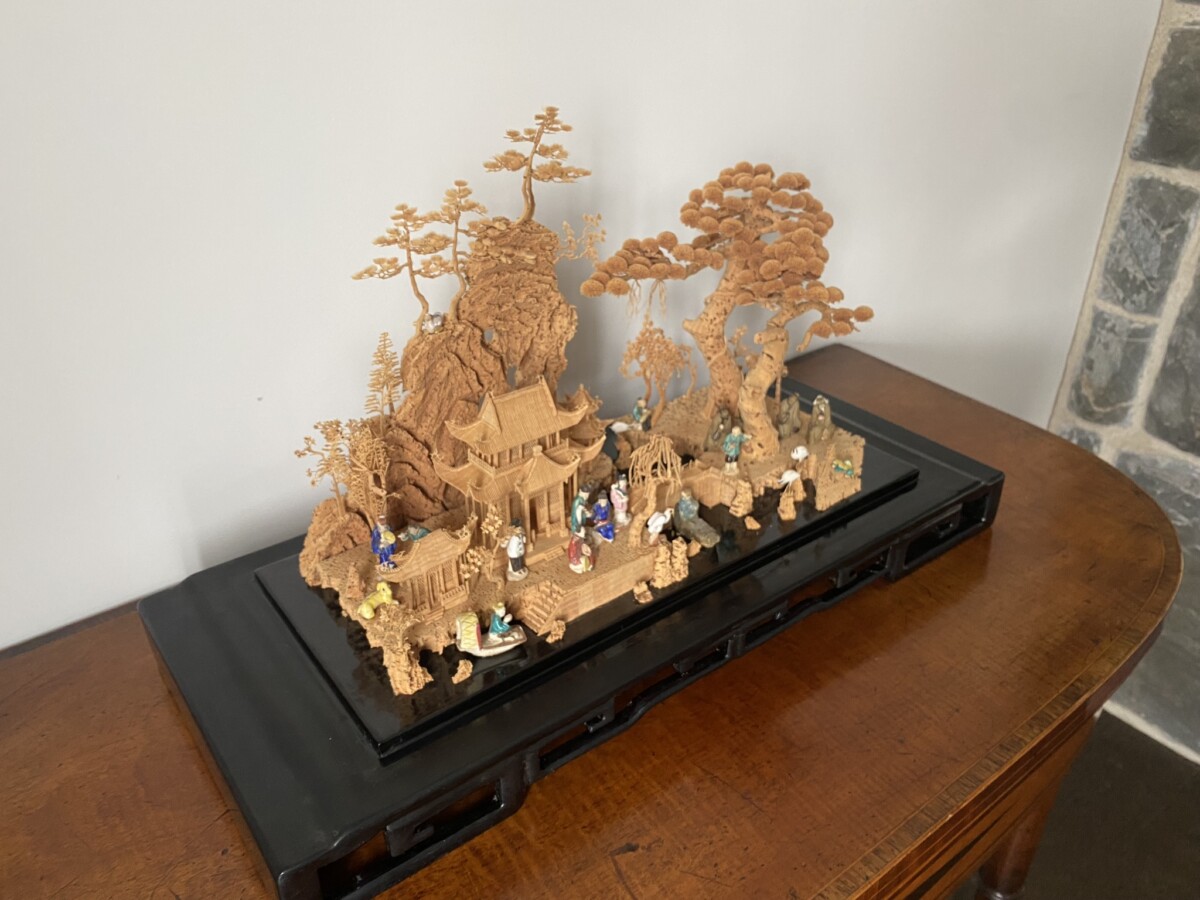 Large Scale Antique Chinese Carved Cork Diorama in Ebonised Glass Display Case - Image 16