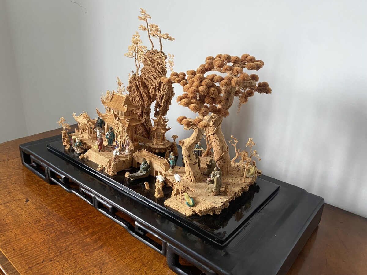 Large Scale Antique Chinese Carved Cork Diorama in Ebonised Glass Display Case - Image 15