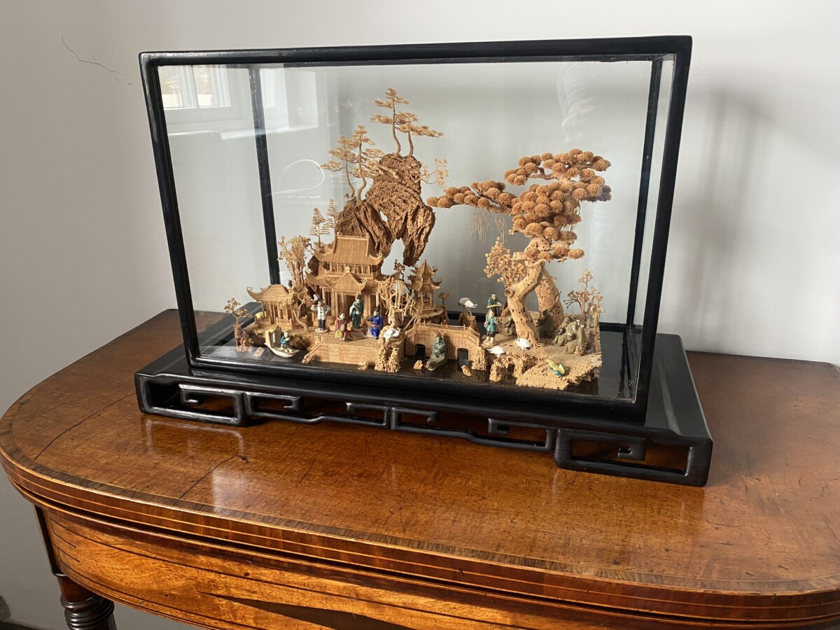 Large Scale Antique Chinese Carved Cork Diorama in Ebonised Glass Display Case - Image 2