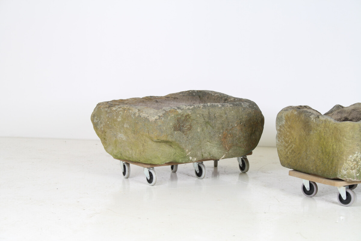 A Primitive Pair of Stone Trough Garden Planters with Weathered Patina - Image 3