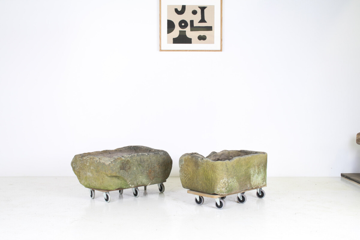 A Primitive Pair of Stone Trough Garden Planters with Weathered Patina - Image 2