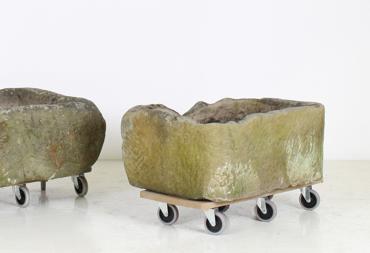 A Primitive Pair of Stone Trough Garden Planters with Weathered Patina - Image 4