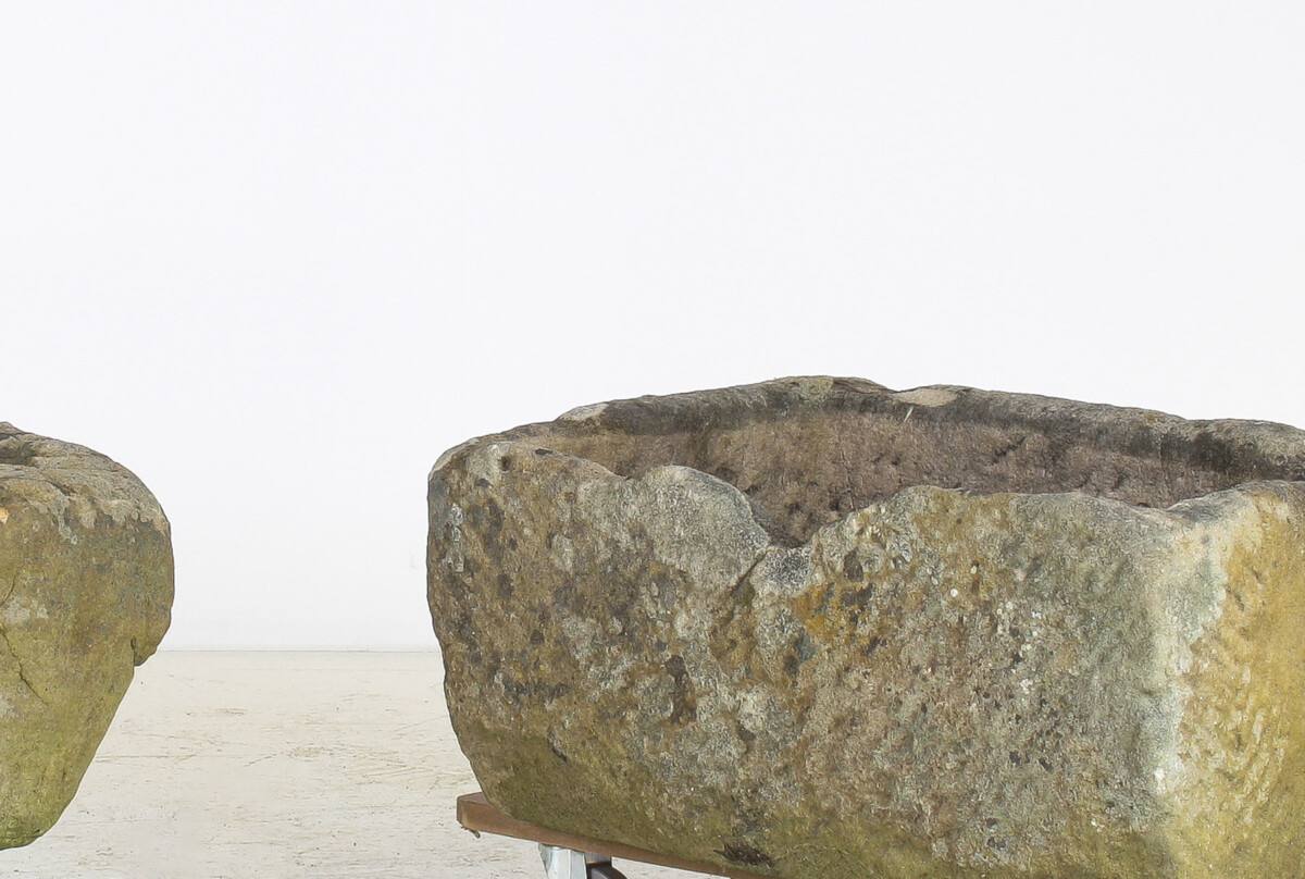 A Primitive Pair of Stone Trough Garden Planters with Weathered Patina - Image 10