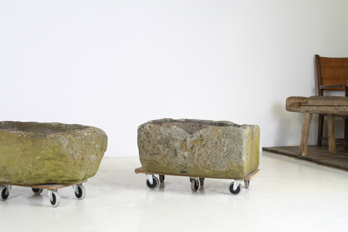 A Primitive Pair of Stone Trough Garden Planters with Weathered Patina - Image 8