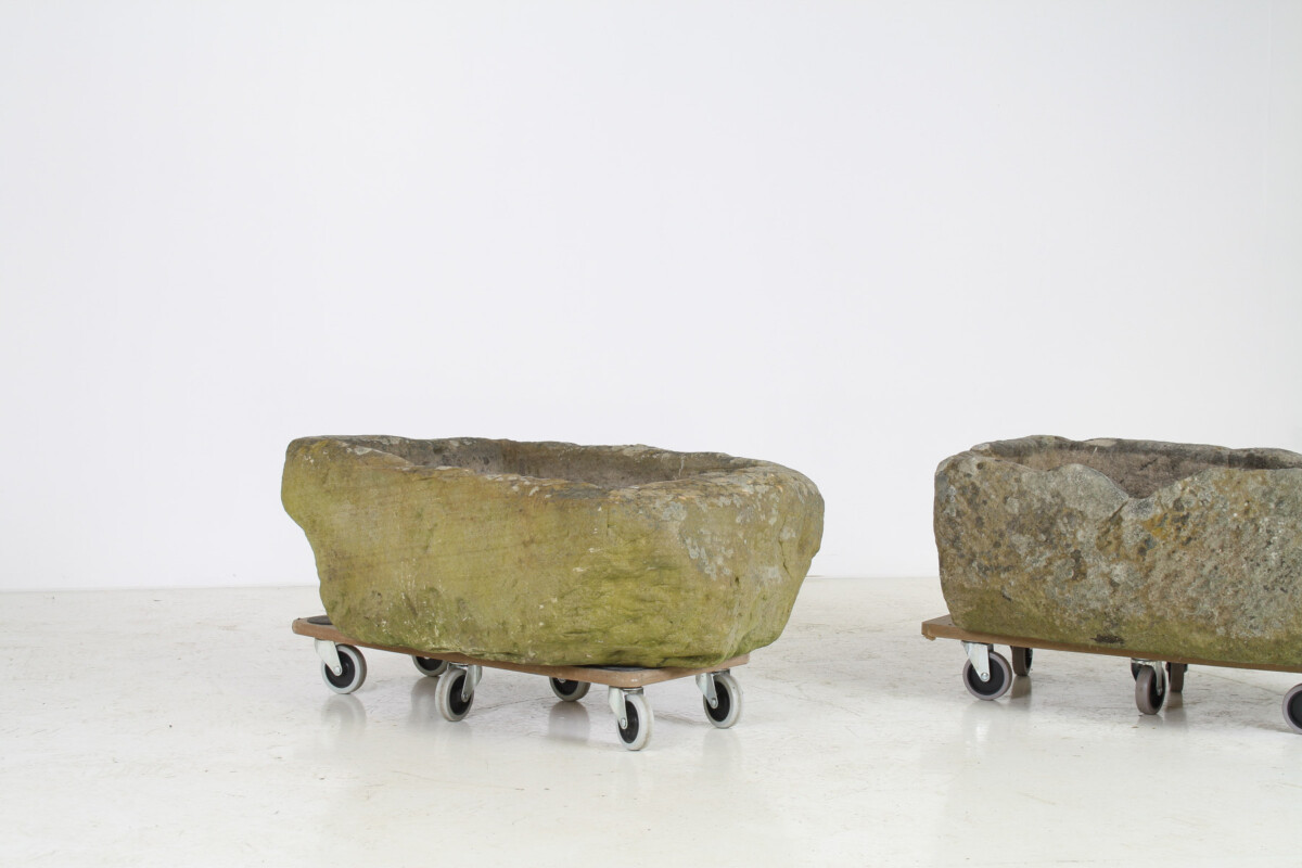 A Primitive Pair of Stone Trough Garden Planters with Weathered Patina - Image 7