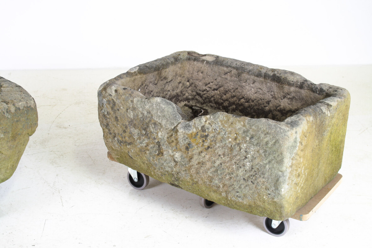 A Primitive Pair of Stone Trough Garden Planters with Weathered Patina - Image 6