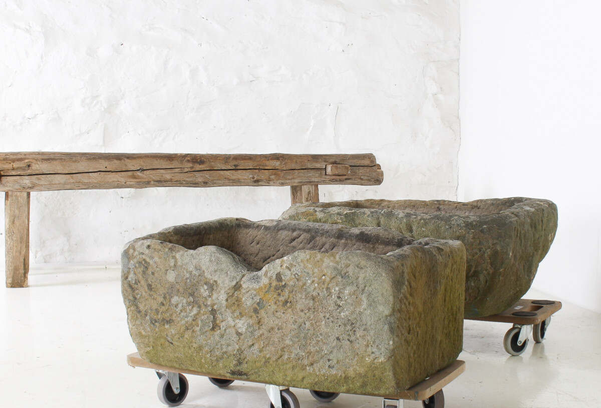 A Primitive Pair of Stone Trough Garden Planters with Weathered Patina - Image 13