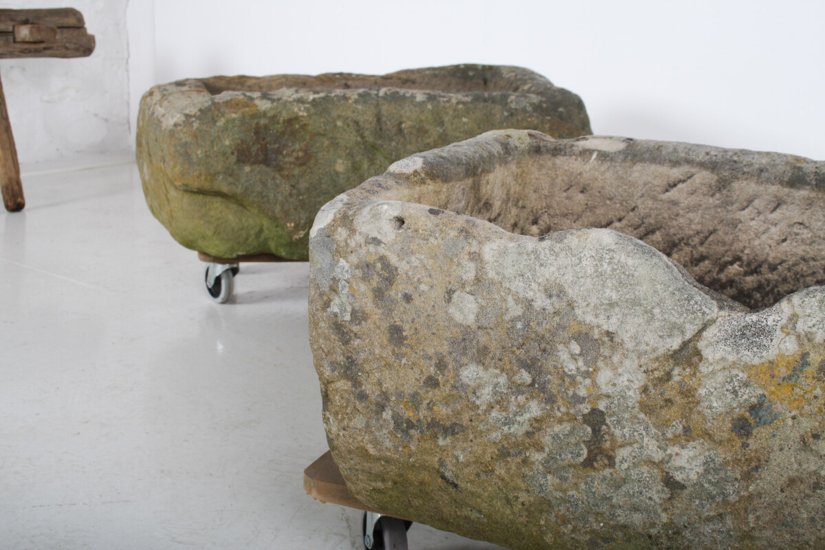 A Primitive Pair of Stone Trough Garden Planters with Weathered Patina - Image 17