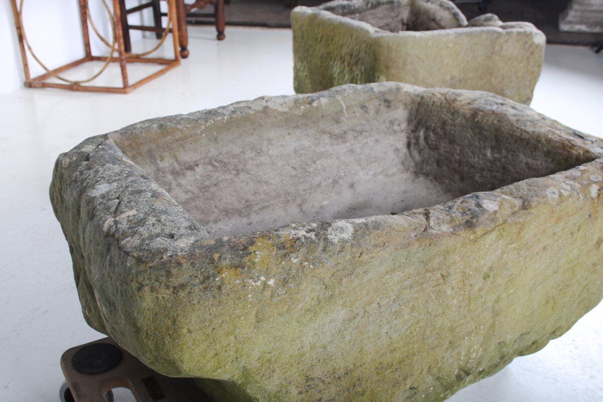 A Primitive Pair of Stone Trough Garden Planters with Weathered Patina - Image 16