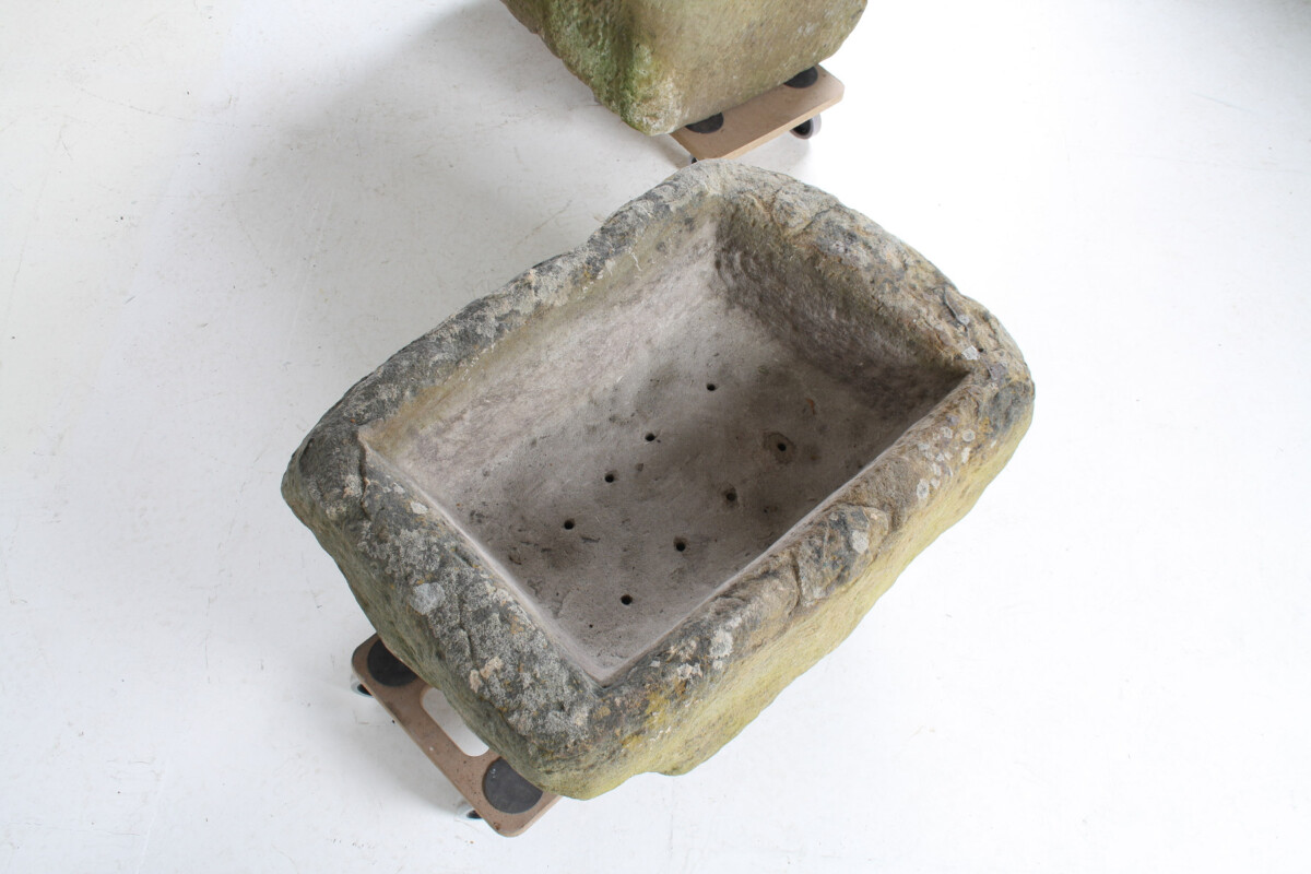 A Primitive Pair of Stone Trough Garden Planters with Weathered Patina - Image 19