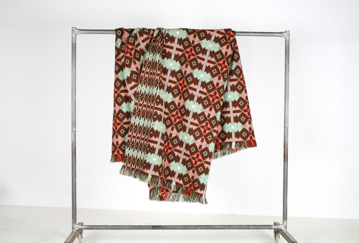 1960s Vintage Pure Welsh Wool Tapestry Blanket in Autumnal Brown and Green