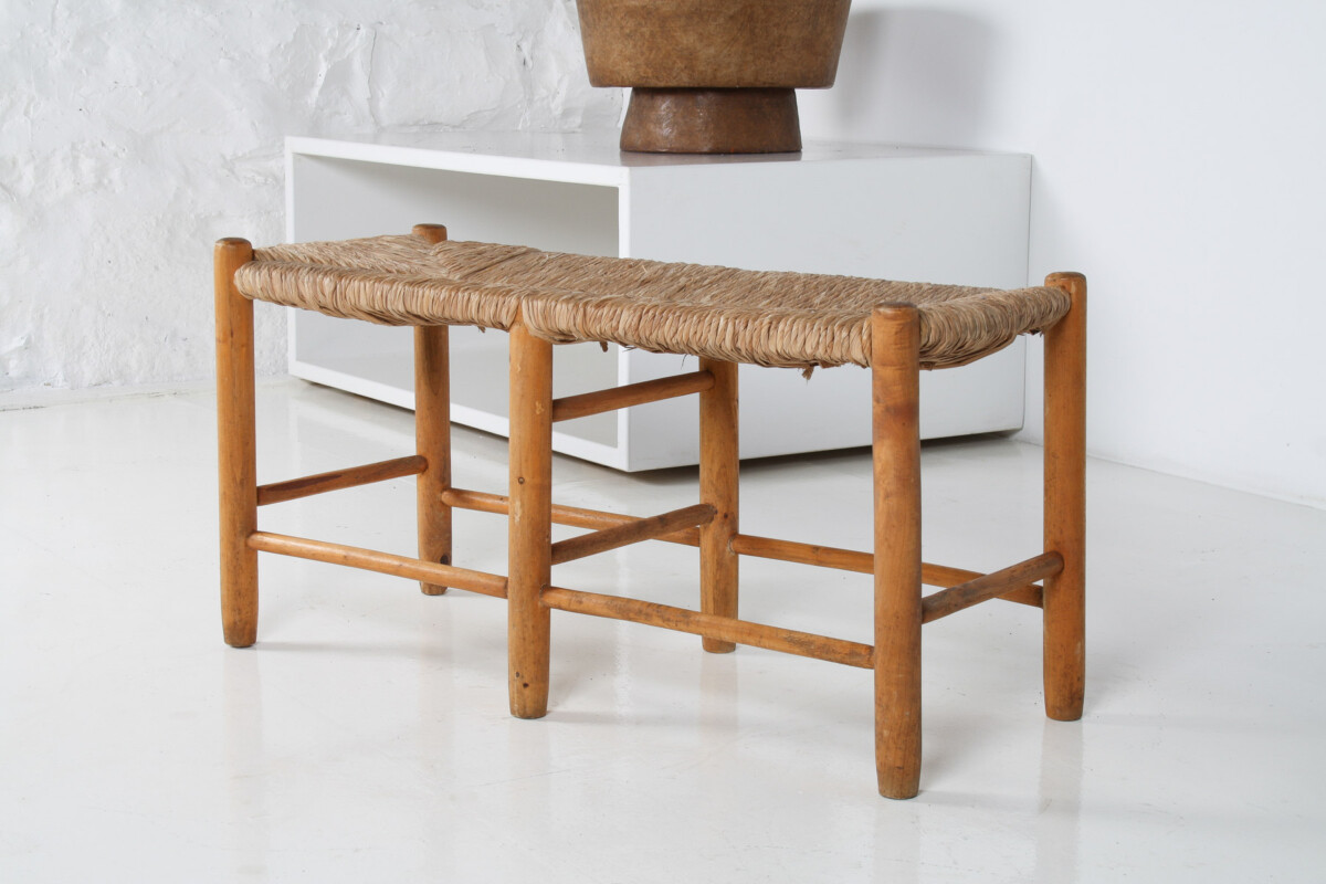 1950s Mid Century French Straw Woven Bench Seat in the Style of Charlotte Perriand - Image 3