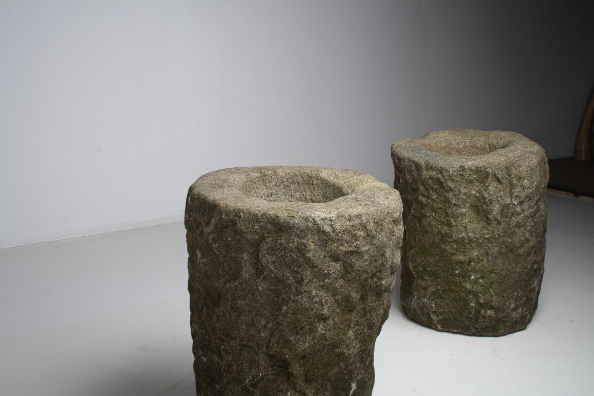 An Exceptional Pair of 19th Century Primitive Carved Stone Wabi Sabi Planters - Image 2