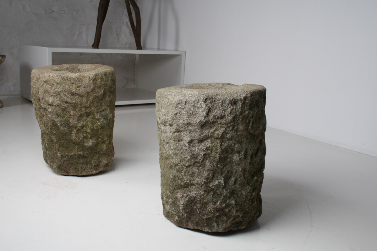 An Exceptional Pair of 19th Century Primitive Carved Stone Wabi Sabi Planters - Image 20