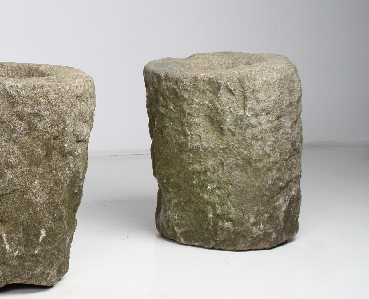 An Exceptional Pair of 19th Century Primitive Carved Stone Wabi Sabi Planters - Image 5