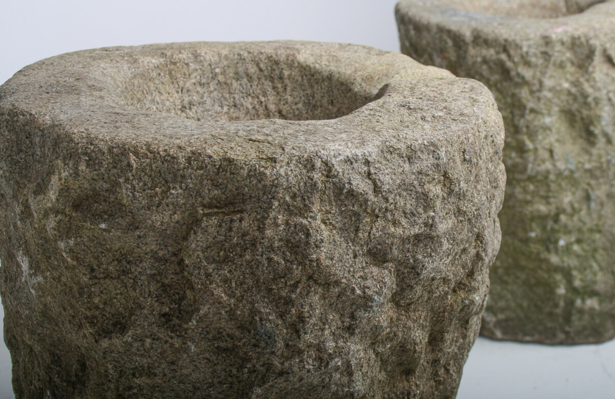 An Exceptional Pair of 19th Century Primitive Carved Stone Wabi Sabi Planters - Image 12