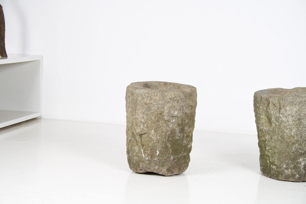 An Exceptional Pair of 19th Century Primitive Carved Stone Wabi Sabi Planters - Image 7