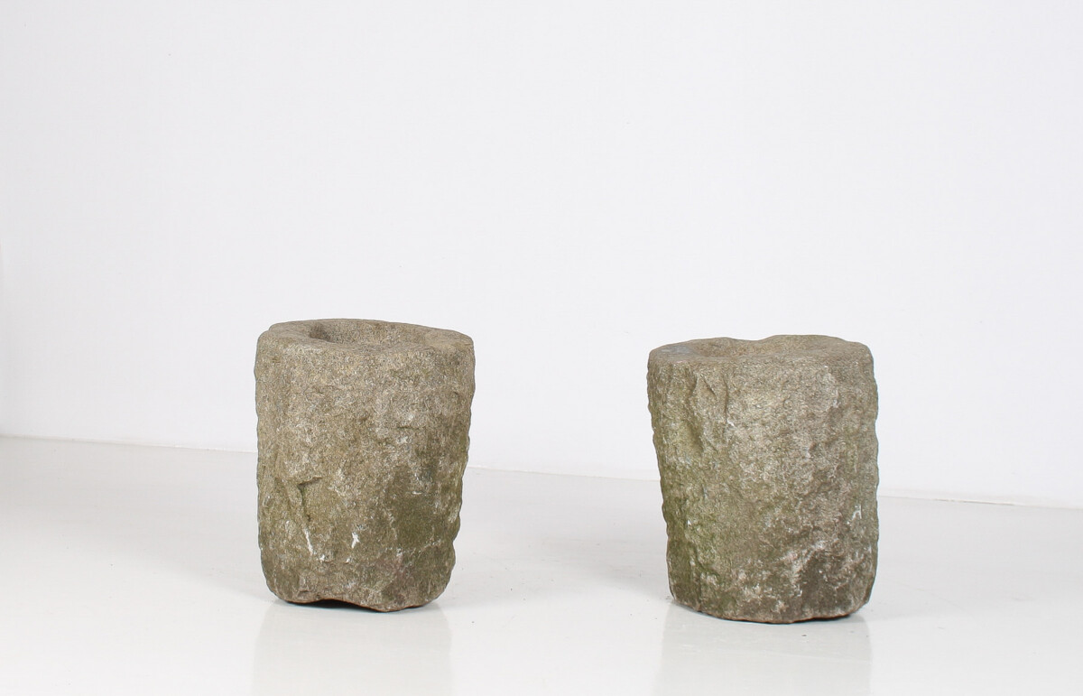 An Exceptional Pair of 19th Century Primitive Carved Stone Wabi Sabi Planters