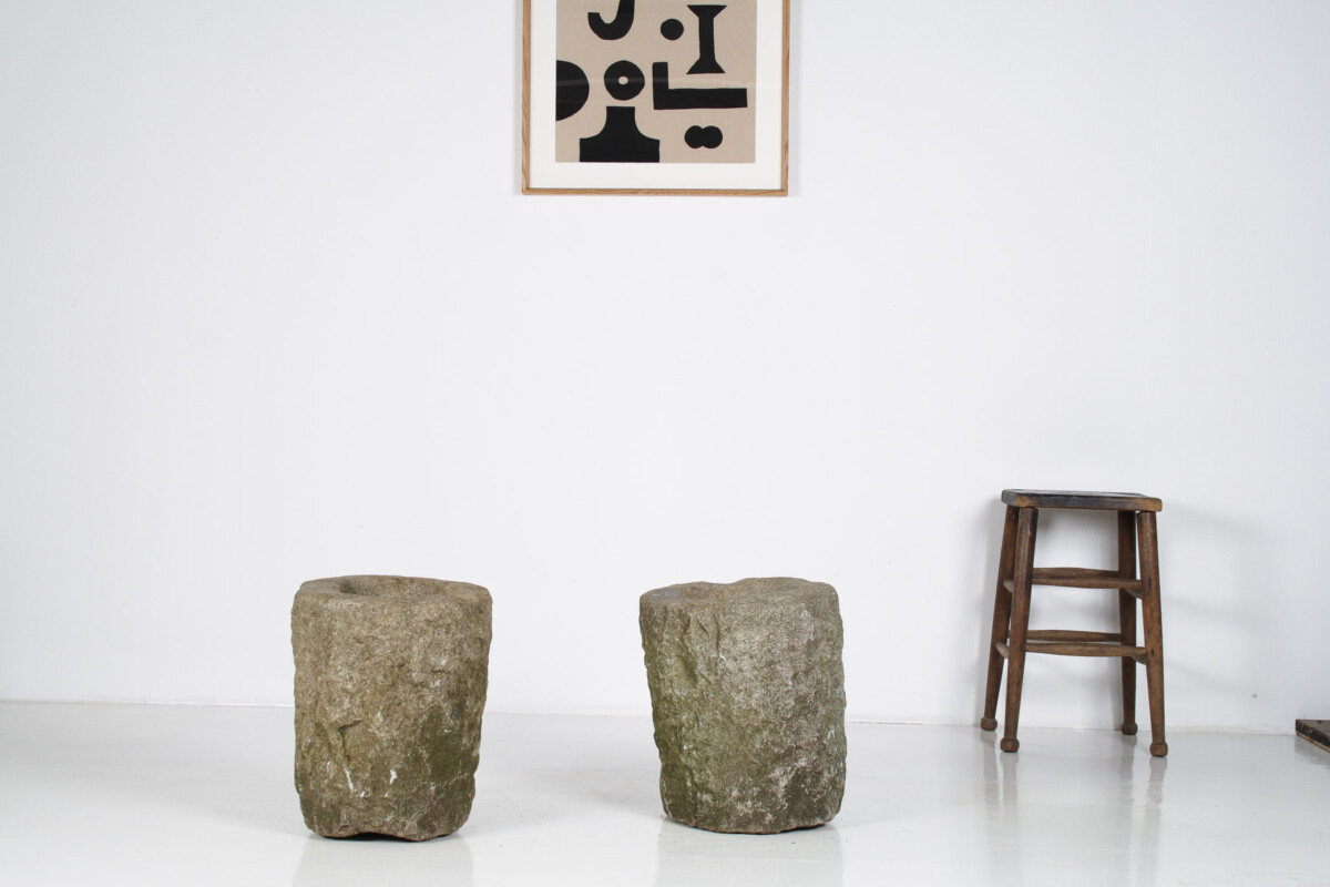 An Exceptional Pair of 19th Century Primitive Carved Stone Wabi Sabi Planters - Image 6