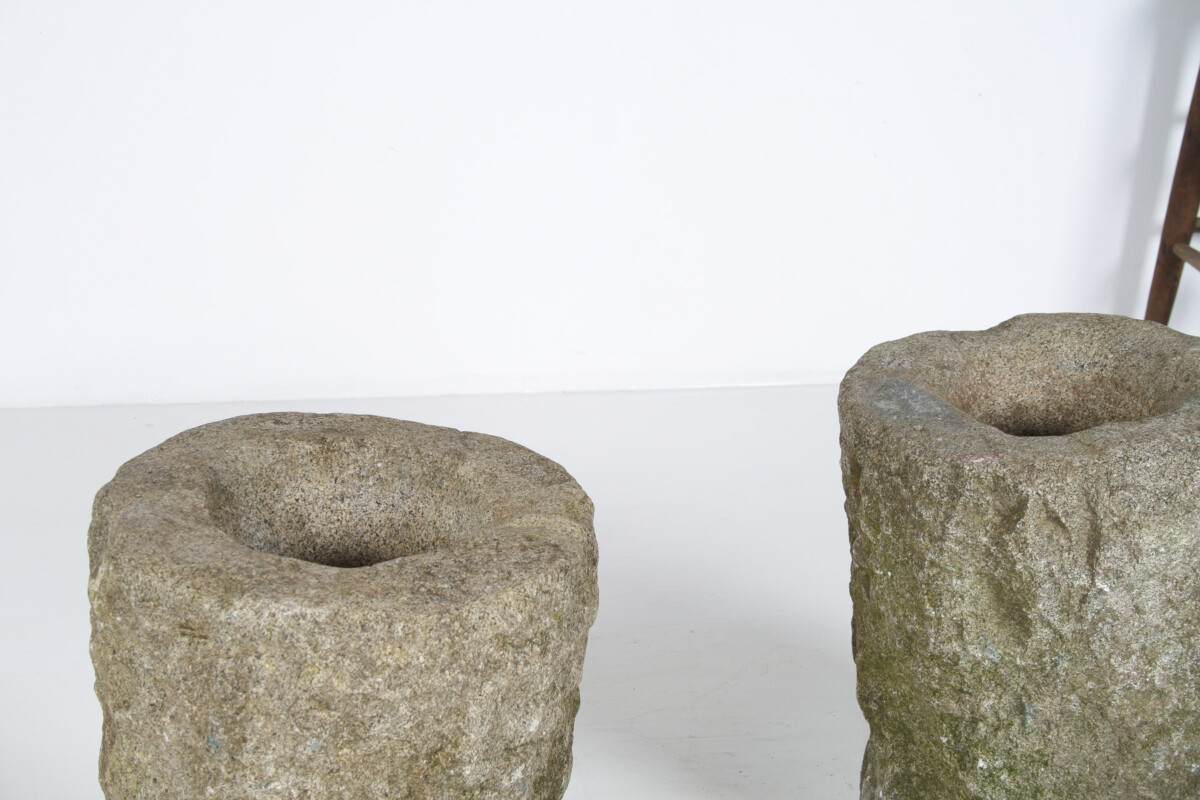 An Exceptional Pair of 19th Century Primitive Carved Stone Wabi Sabi Planters - Image 19