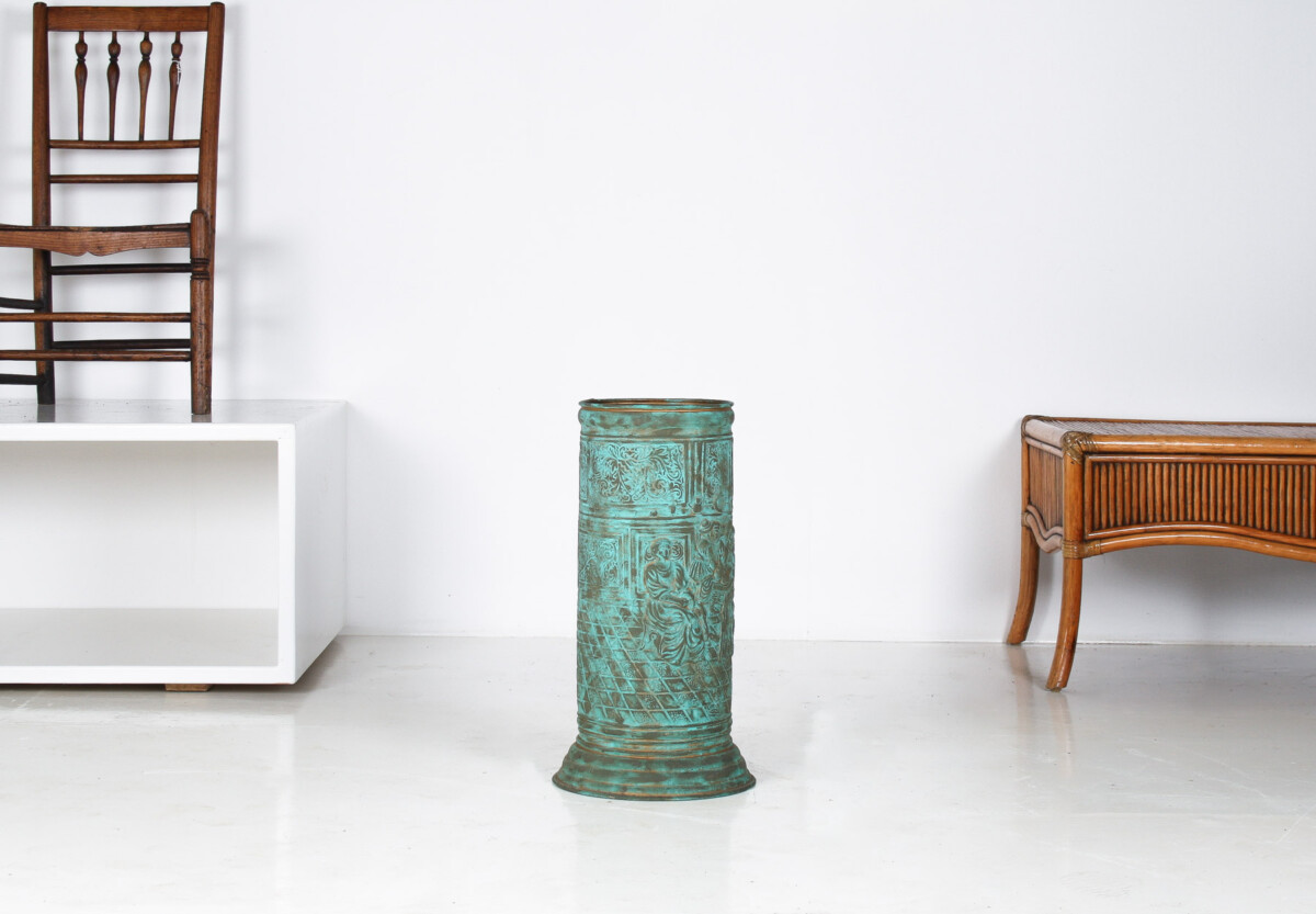 1950s Brass Stick Umbrella Stand Pot with Verdigris Copper Patina - Image 10