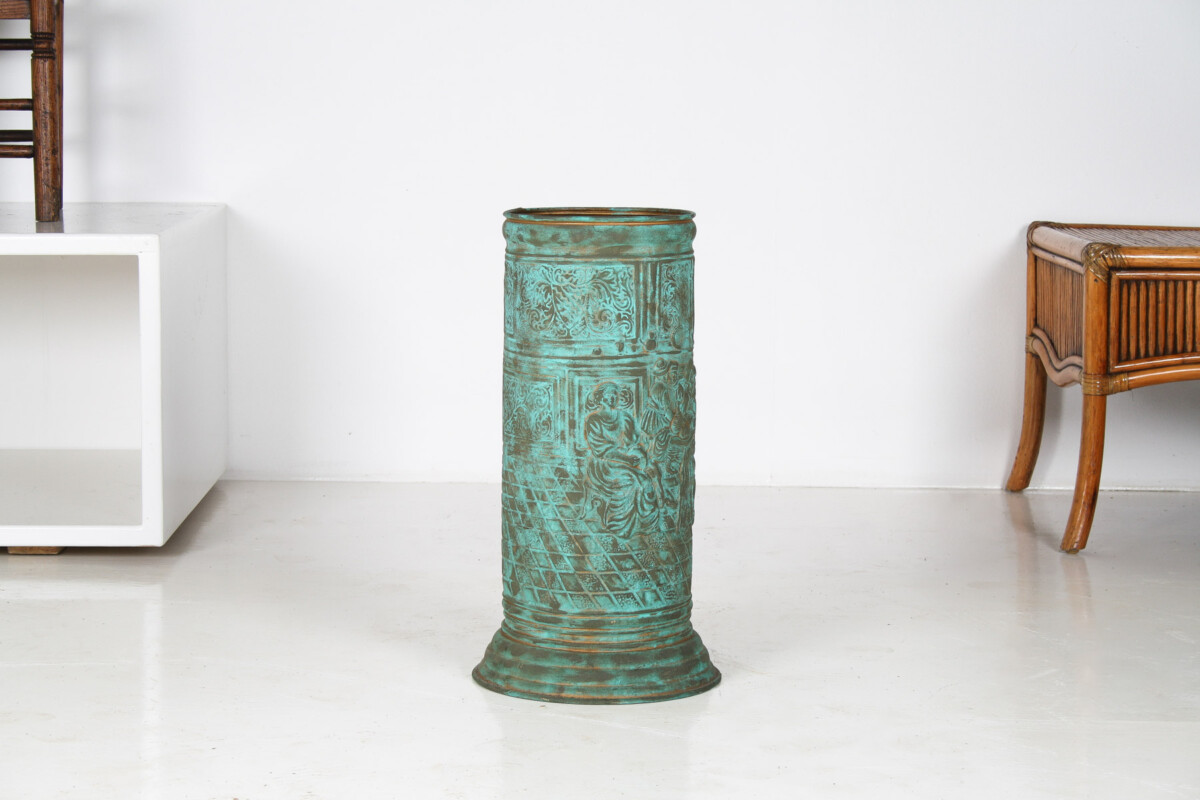 1950s Brass Stick Umbrella Stand Pot with Verdigris Copper Patina