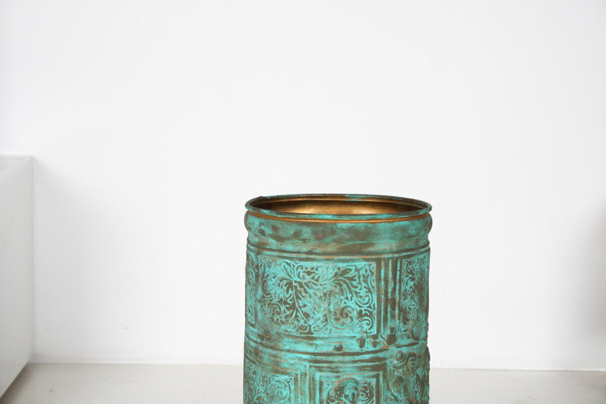 1950s Brass Stick Umbrella Stand Pot with Verdigris Copper Patina - Image 9