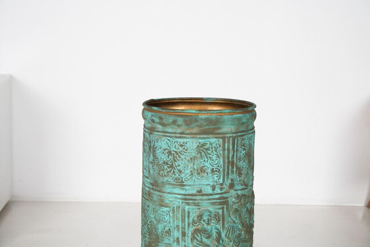 1950s Brass Stick Umbrella Stand Pot with Verdigris Copper Patina - Image 2