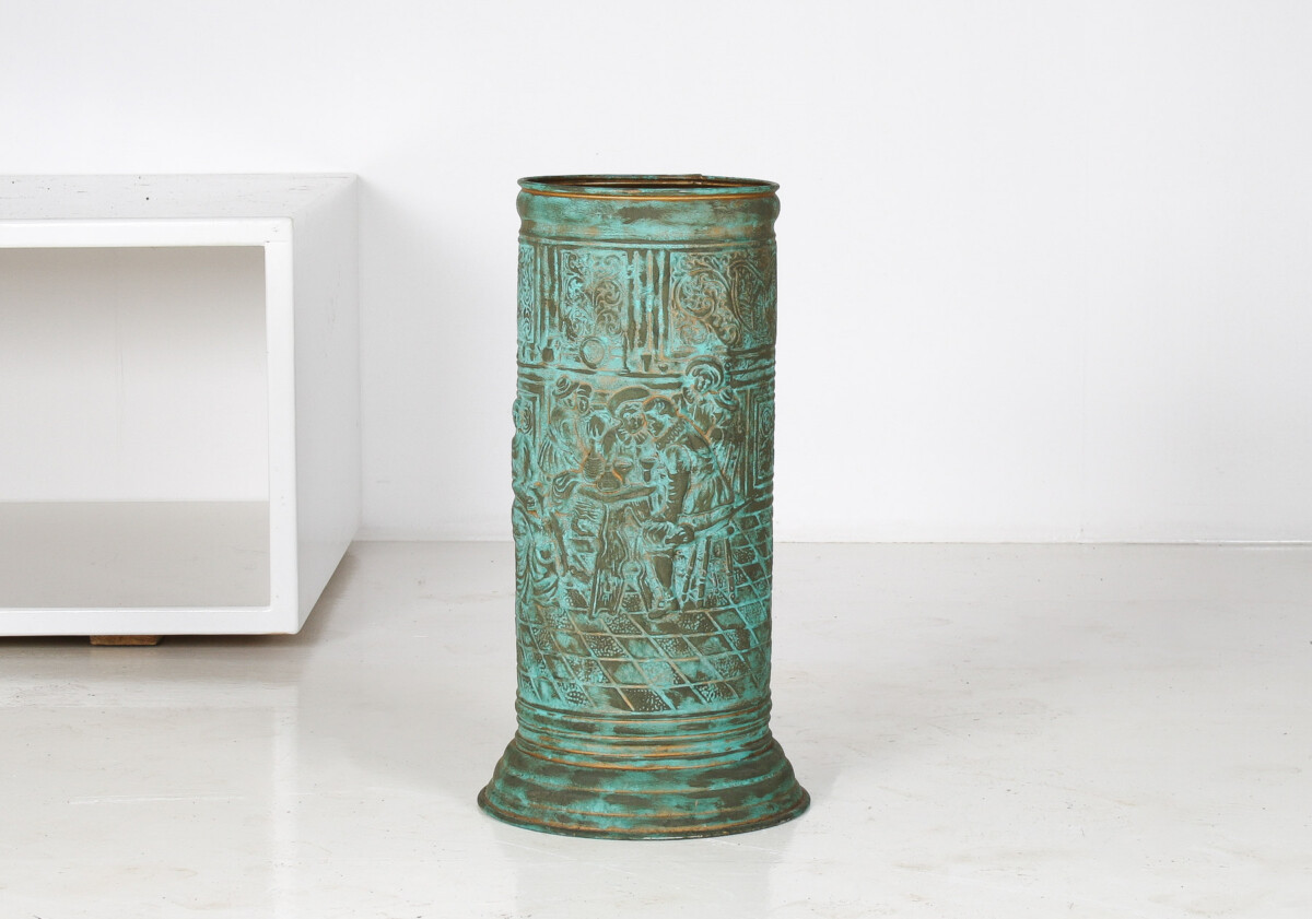 1950s Brass Stick Umbrella Stand Pot with Verdigris Copper Patina - Image 4