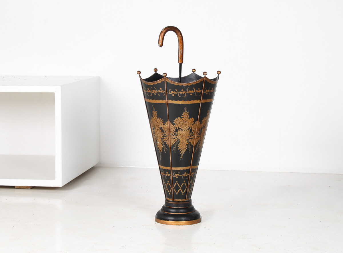 Mid-Century Toleware Stick Umbrella Stand Hand Painted Gold on Black