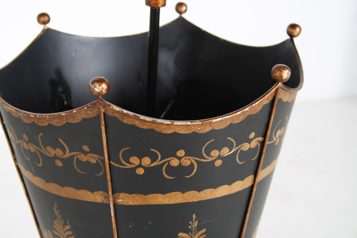 Mid-Century Toleware Stick Umbrella Stand Hand Painted Gold on Black - Image 5