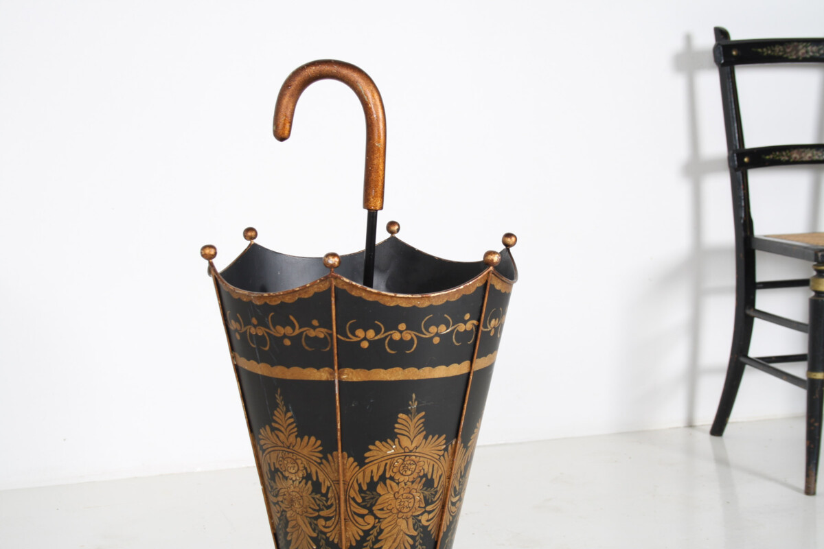 Mid-Century Toleware Stick Umbrella Stand Hand Painted Gold on Black - Image 3