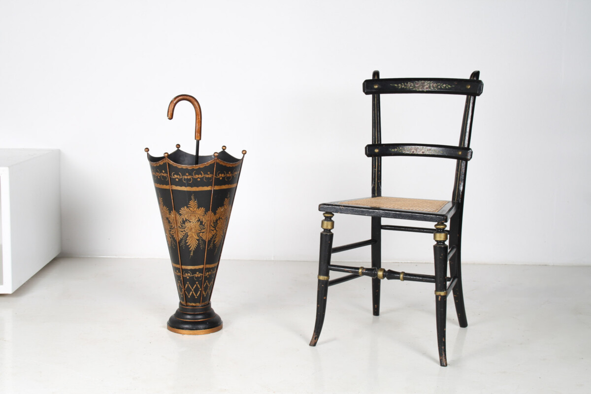 Mid-Century Toleware Stick Umbrella Stand Hand Painted Gold on Black - Image 12