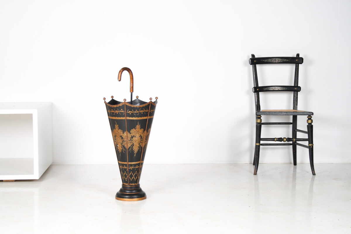 Mid-Century Toleware Stick Umbrella Stand Hand Painted Gold on Black - Image 2