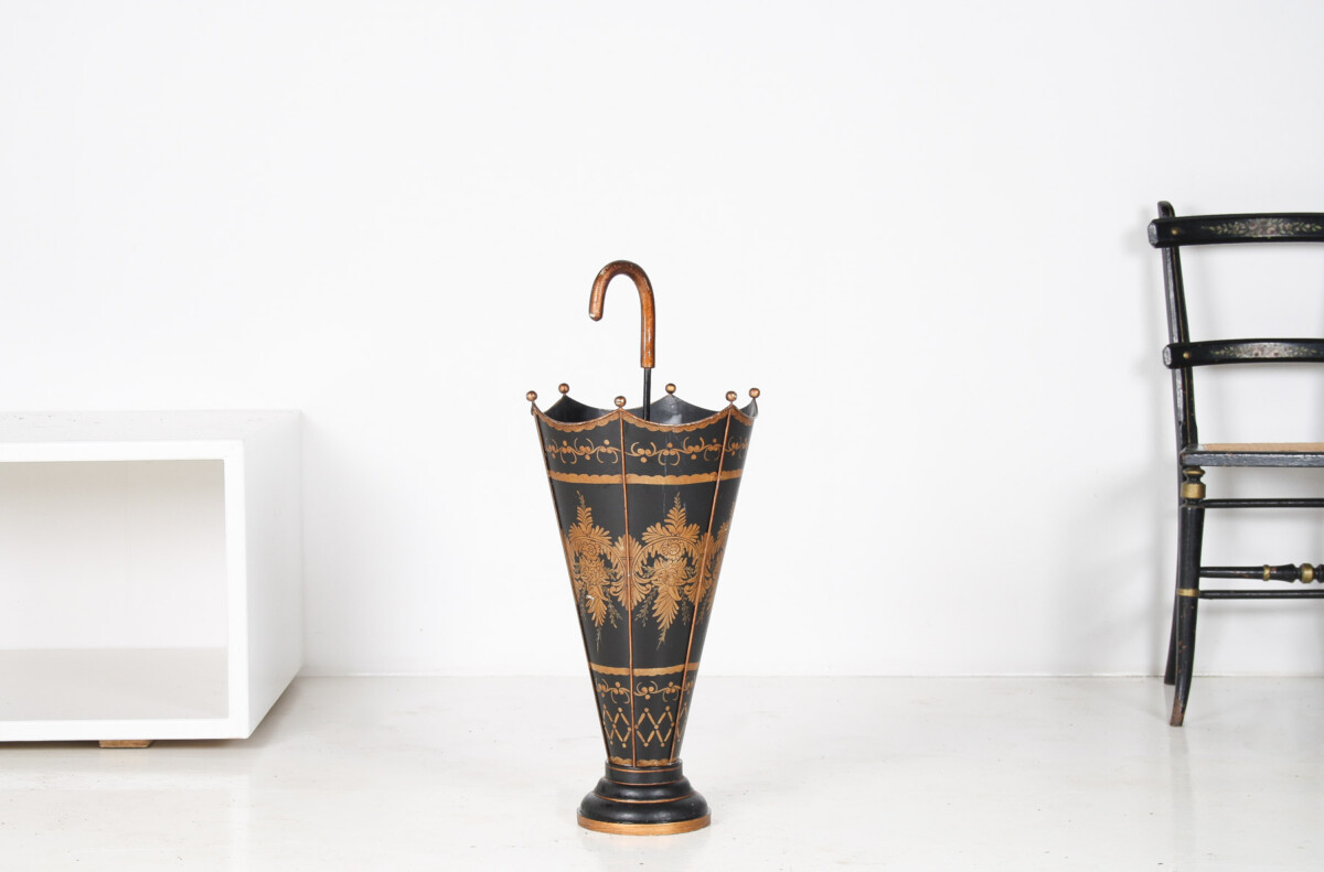 Mid-Century Toleware Stick Umbrella Stand Hand Painted Gold on Black - Image 13