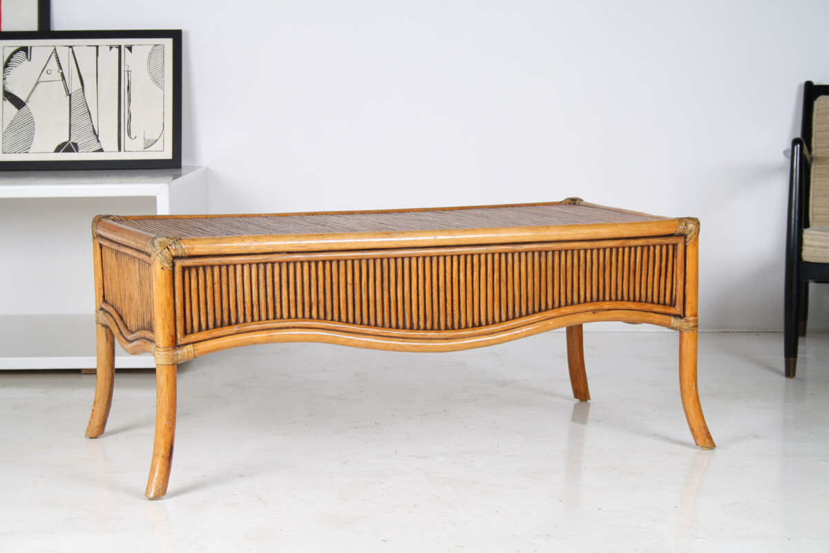 Large 1970s Mid Century Reeded Bamboo Rectangular Coffee Table in the manner of Vivai del Sud