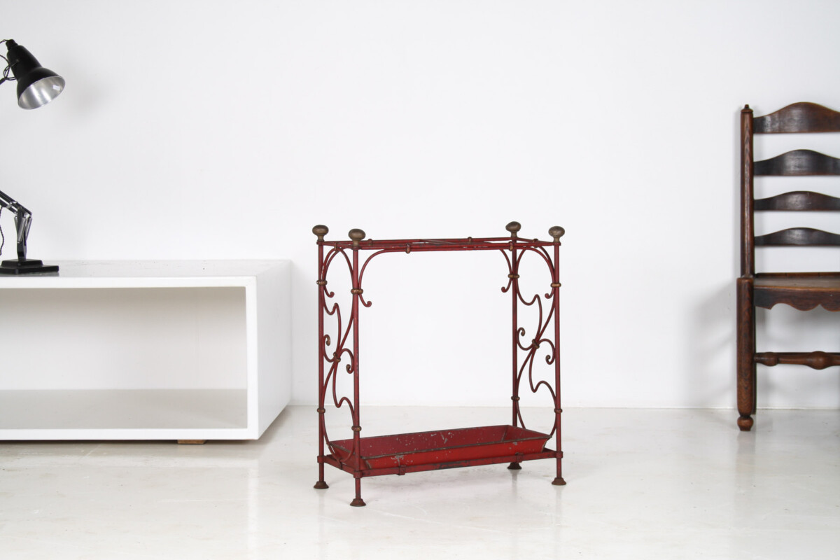 Decorative French Parisian Chic Antique Wrought Iron Red Painted Umbrella Stick Stand