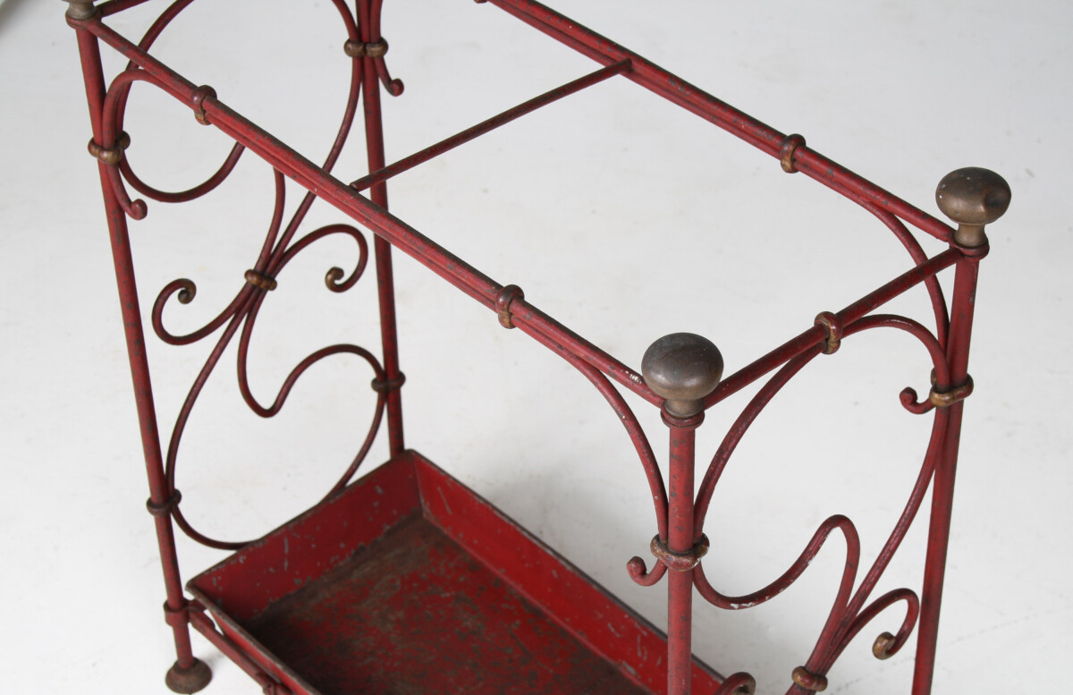 Decorative French Parisian Chic Antique Wrought Iron Red Painted Umbrella Stick Stand - Image 9